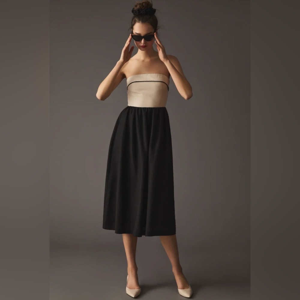 New Strapless Two Tone Linen Blend Midi Dress
